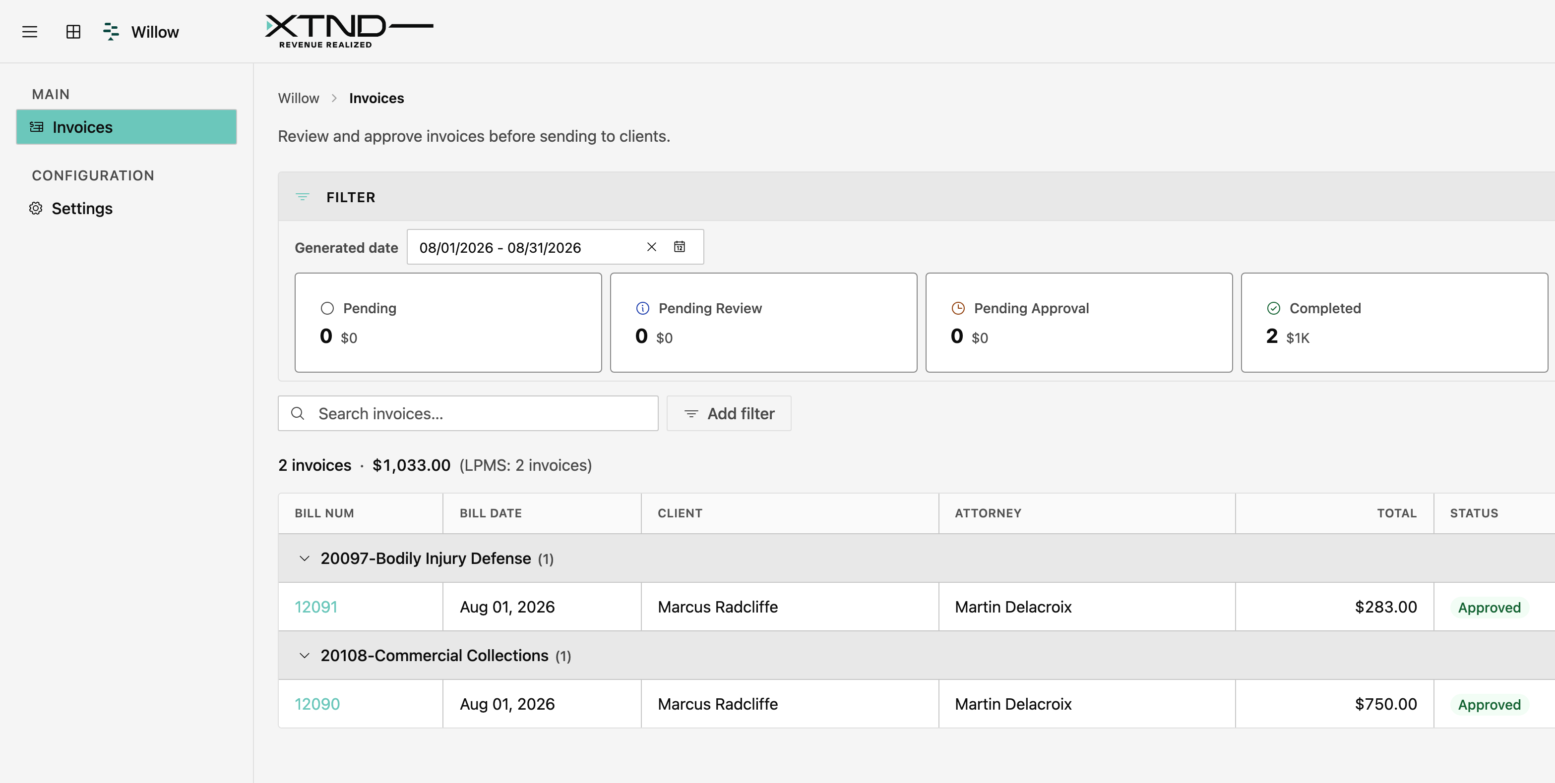 XTND Willow invoice review screen, showing invoices grouped by matter with approval status